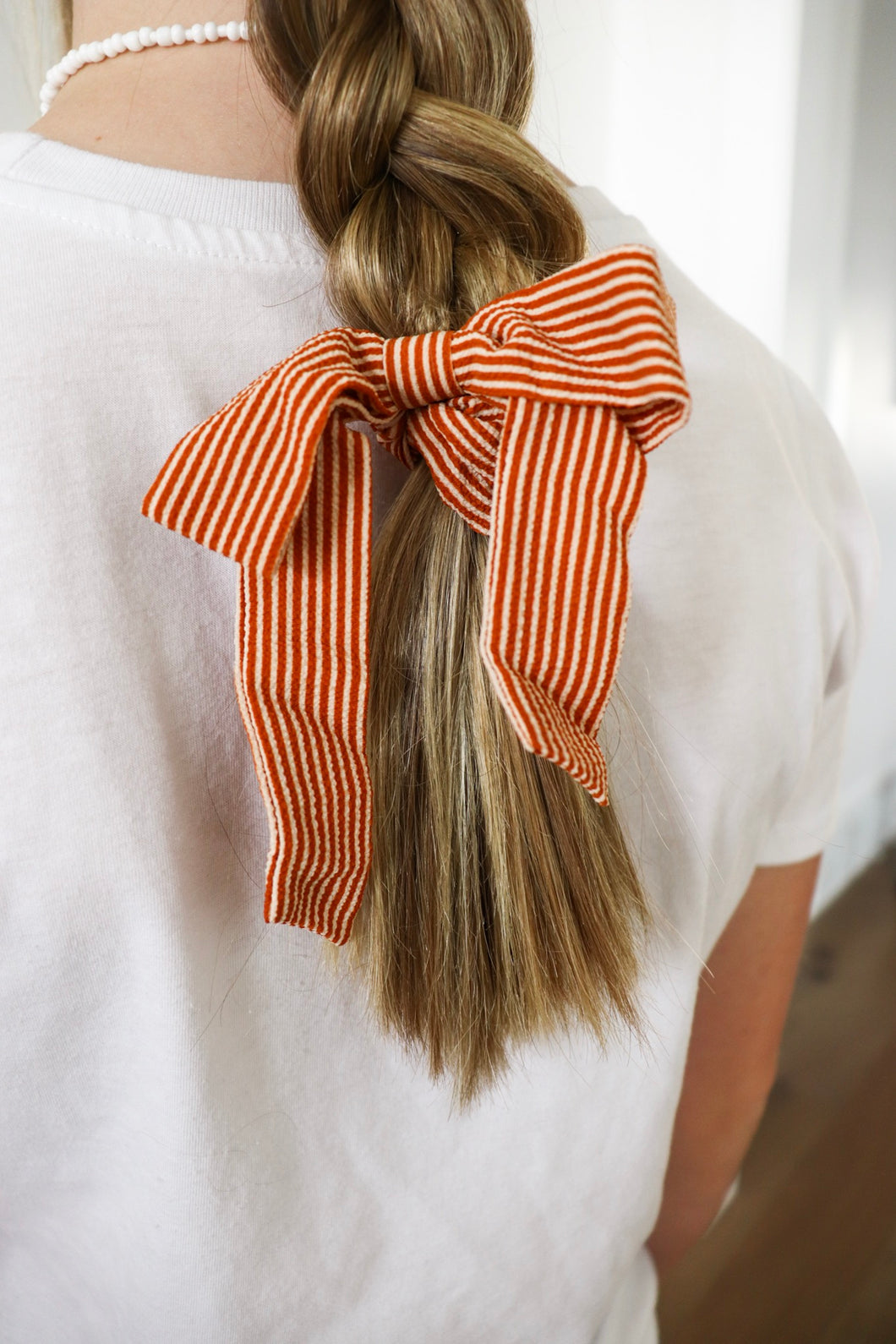 Burnt Orange Striped Bow Scrunchie