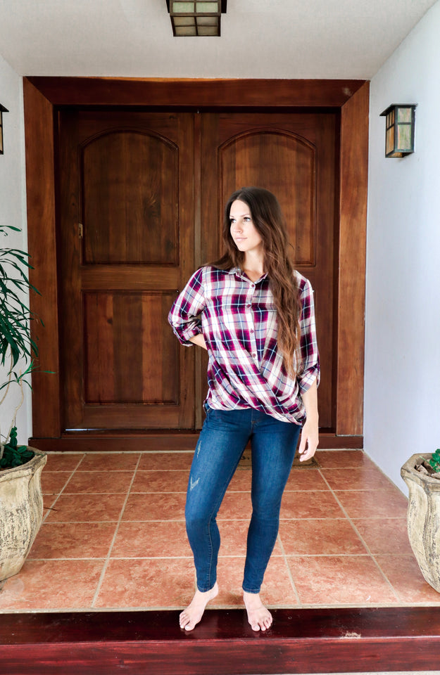 Twist-Front Plaid Shirt