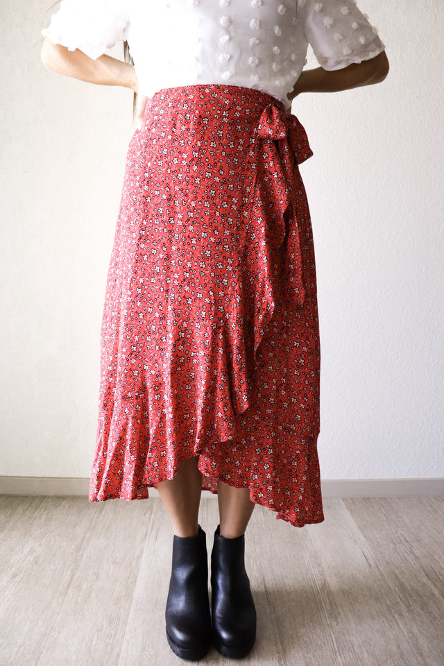 Floral Wrap Skirt in Red